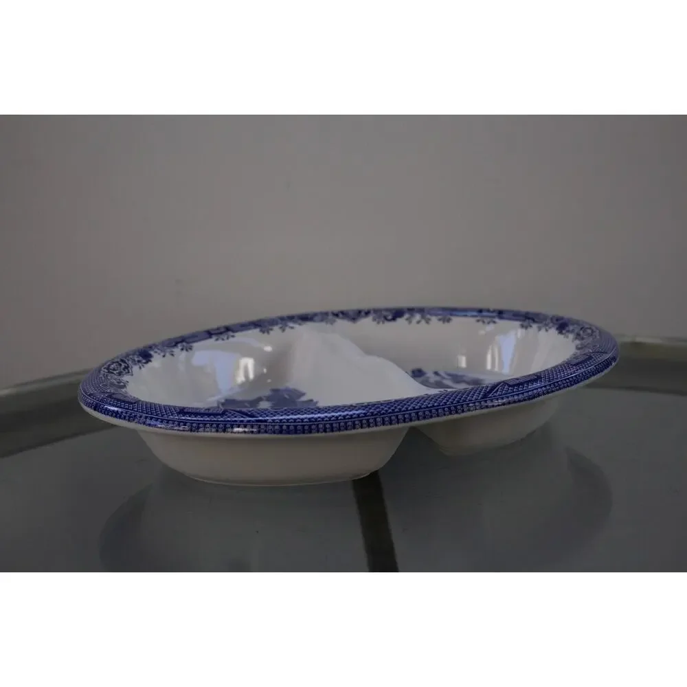 Churchill Blue Willow Oval Divided Serving‎ Dish Staffordshire  England 10”